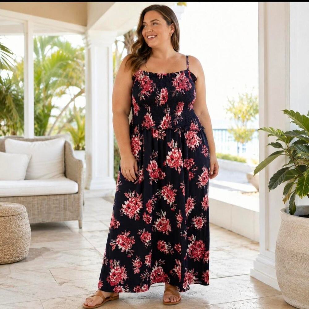 Pacific isles navy floral smocked maxi dress- XL